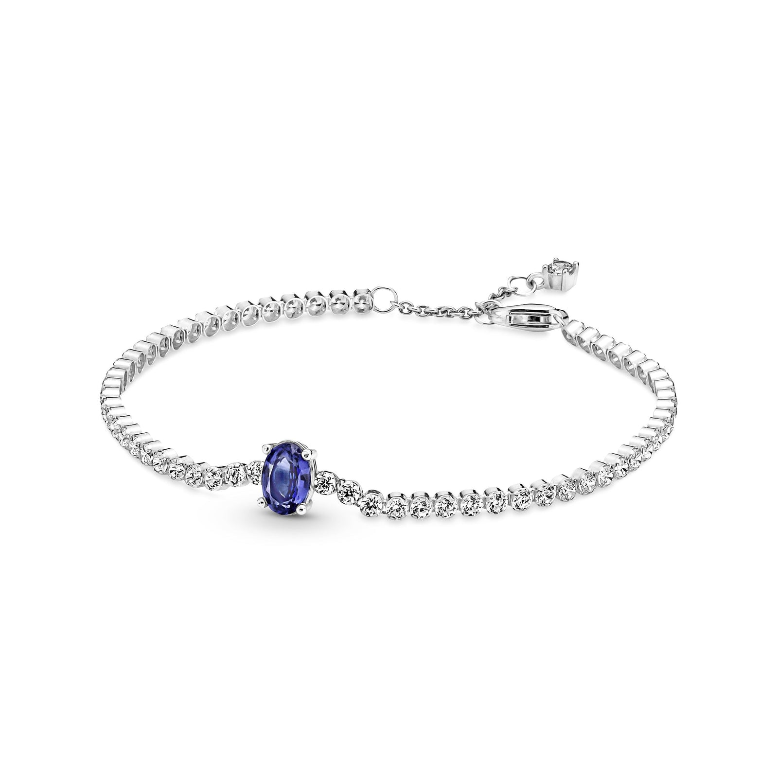 Sterling silver tennis bracelet with princess blue crystal and clear cubic zirconia