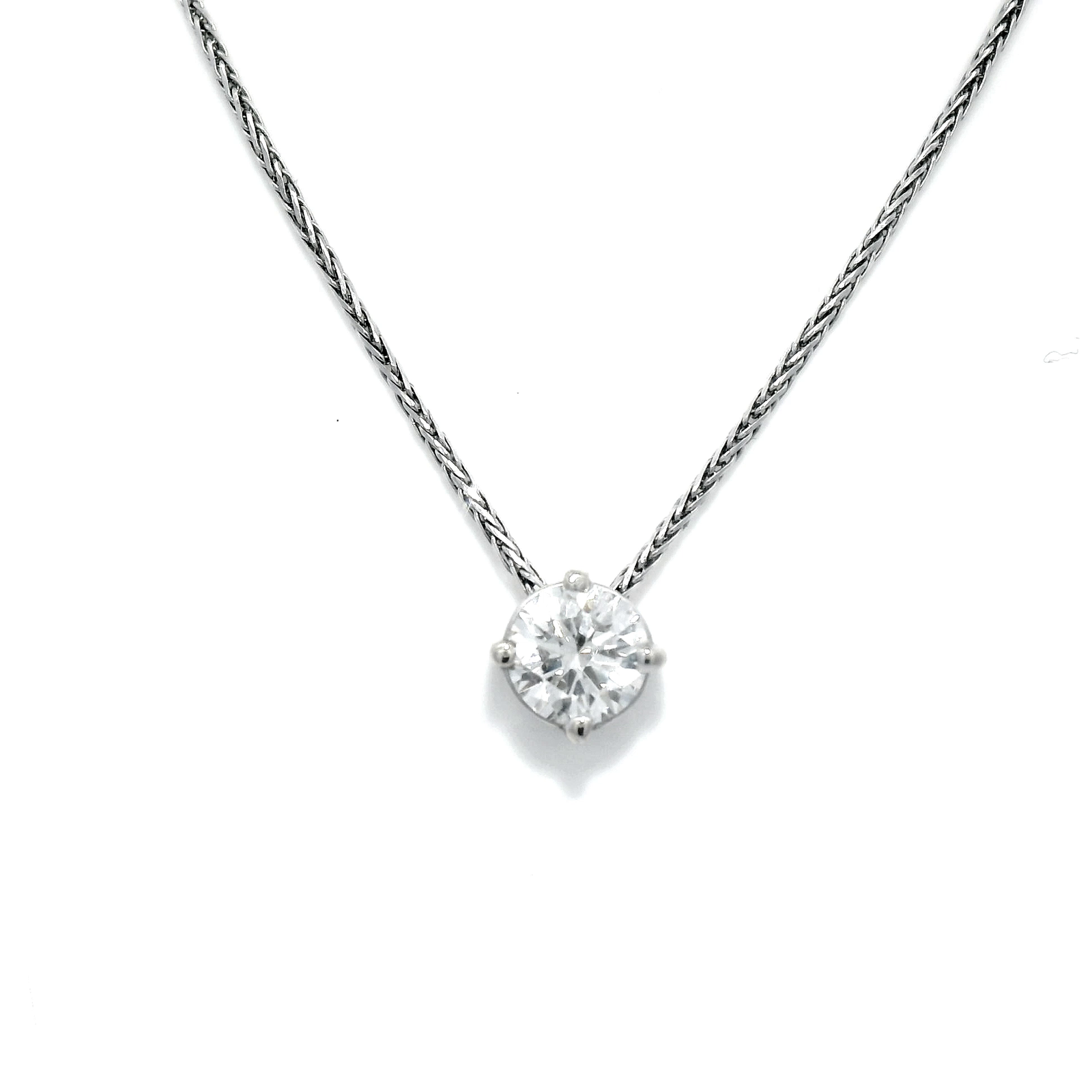 Diamond Slider Pendant on White Gold Wheat Chain.