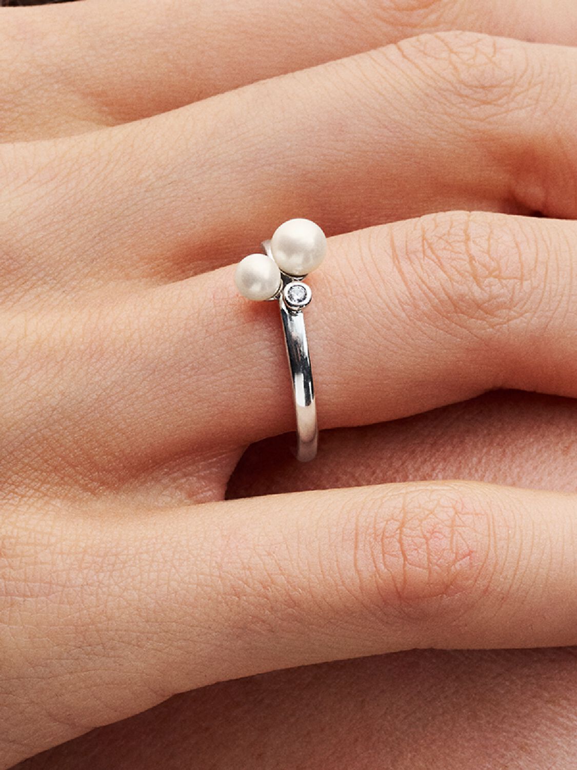 14k Gold-plated ring with white treated freshwater cultured pearl and clear cubic zirconia