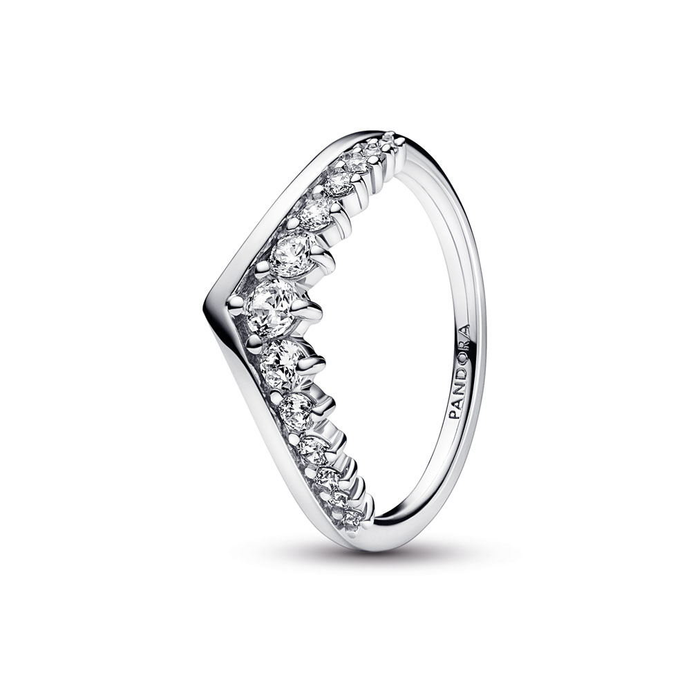 Wishbone sterling silver ring with clear cubic zirconia