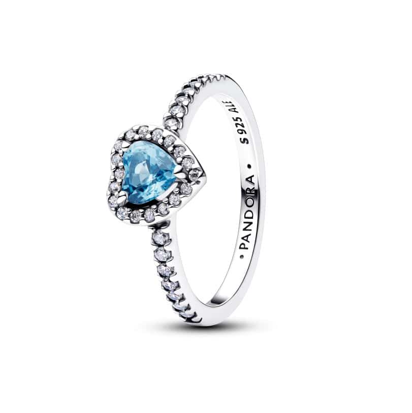 Heart sterling silver ring with light blue crystal and clear cubic zirconia