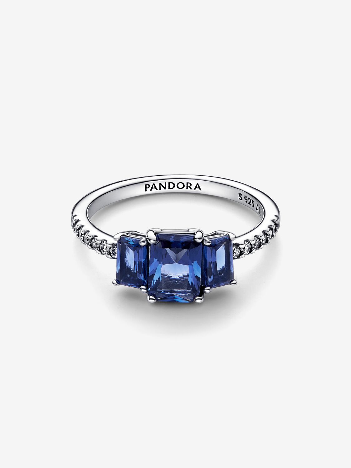 Sterling silver ring with princess blue crystal and clear cubic zirconia