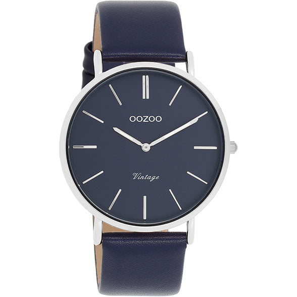 OOZOO Vintage Silver Watch with Dark-Blue Leather Strap