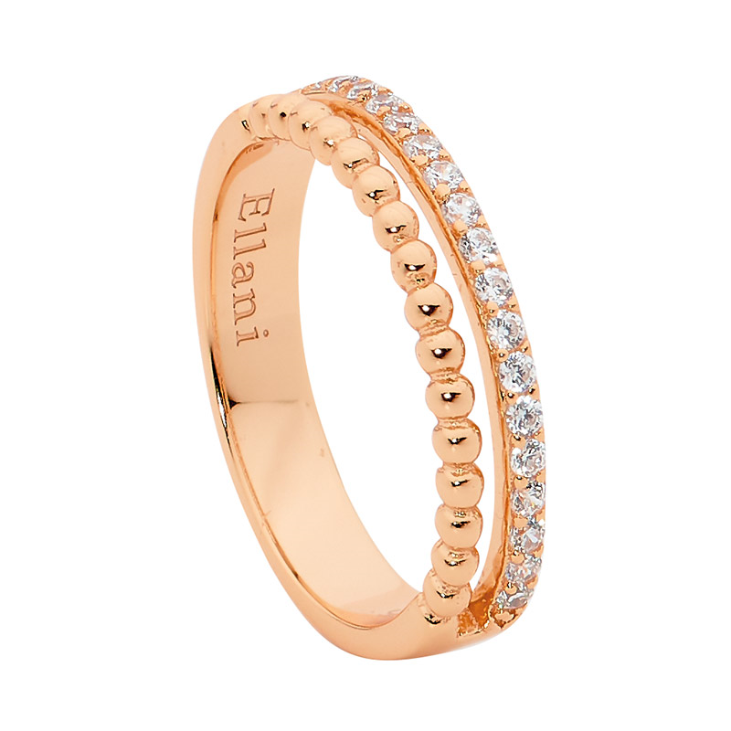 Ellani SS WH CZ & Bubble Split Band Ring w/ Gold Plating