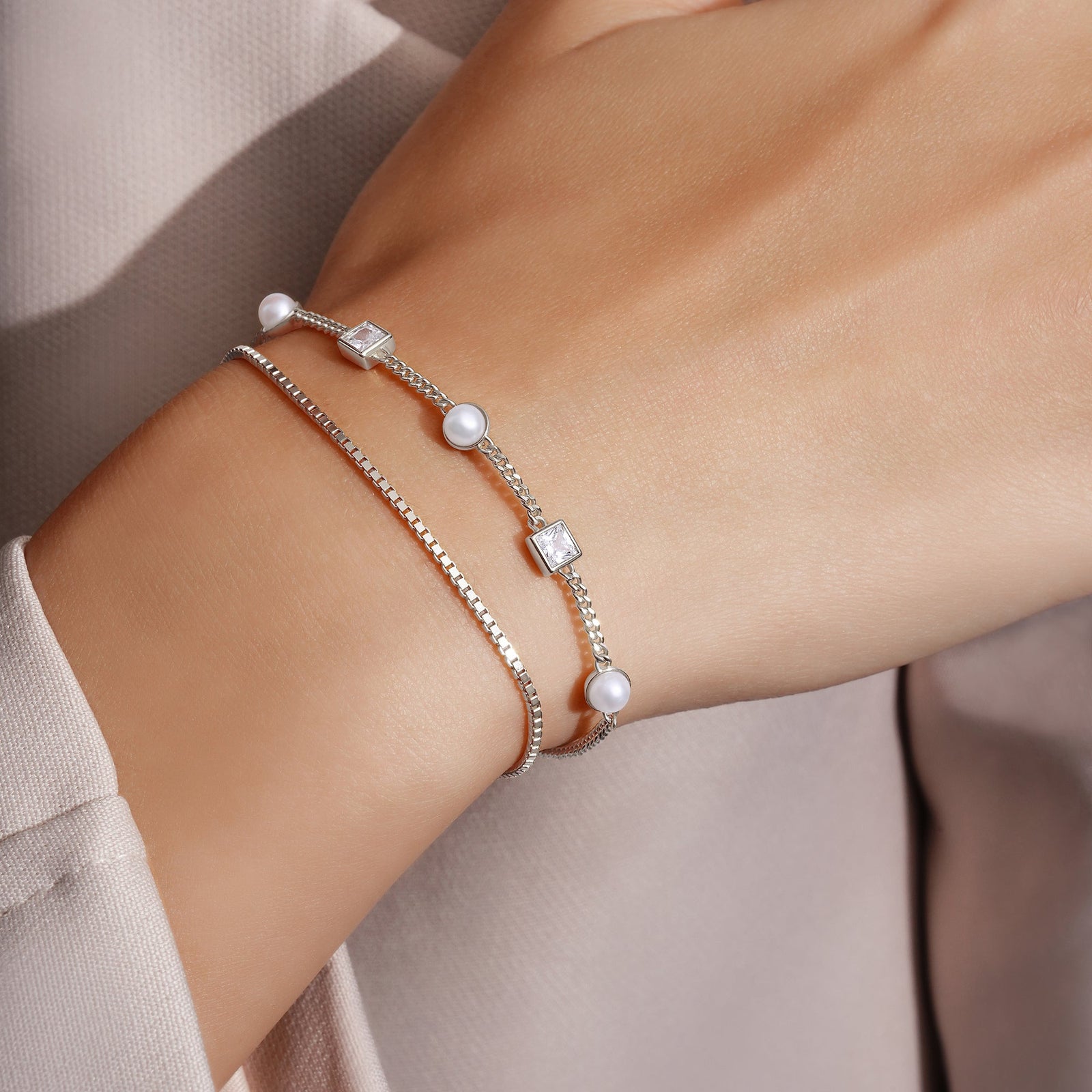 Ania Haie Silver Bezel-Set Cube and Pearl Station Bracelet
