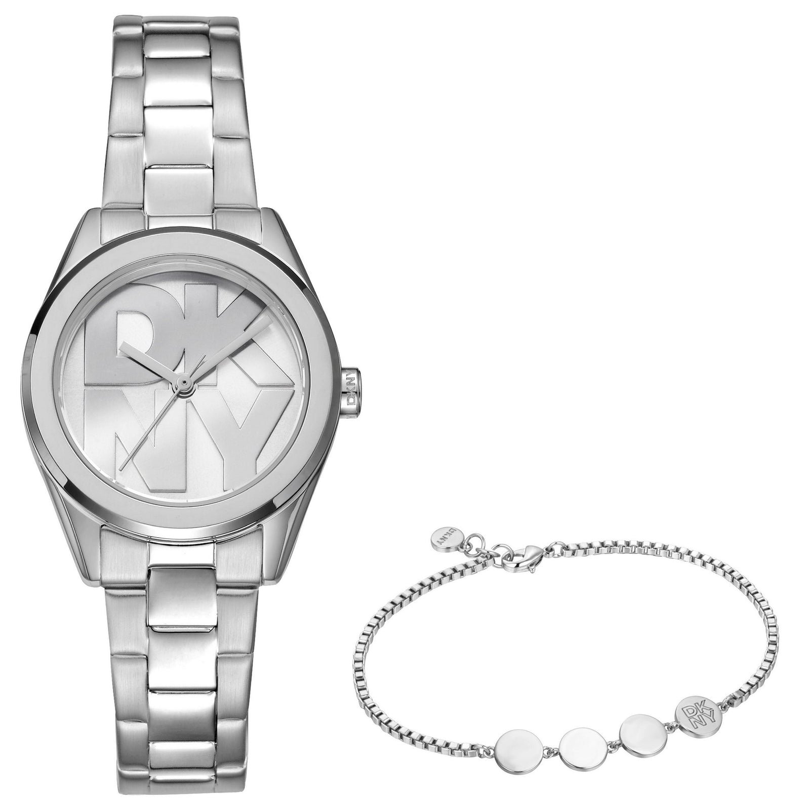 DKNY Logo Silver 28mm Silver Dial Womens Watch + Silver Bracelet