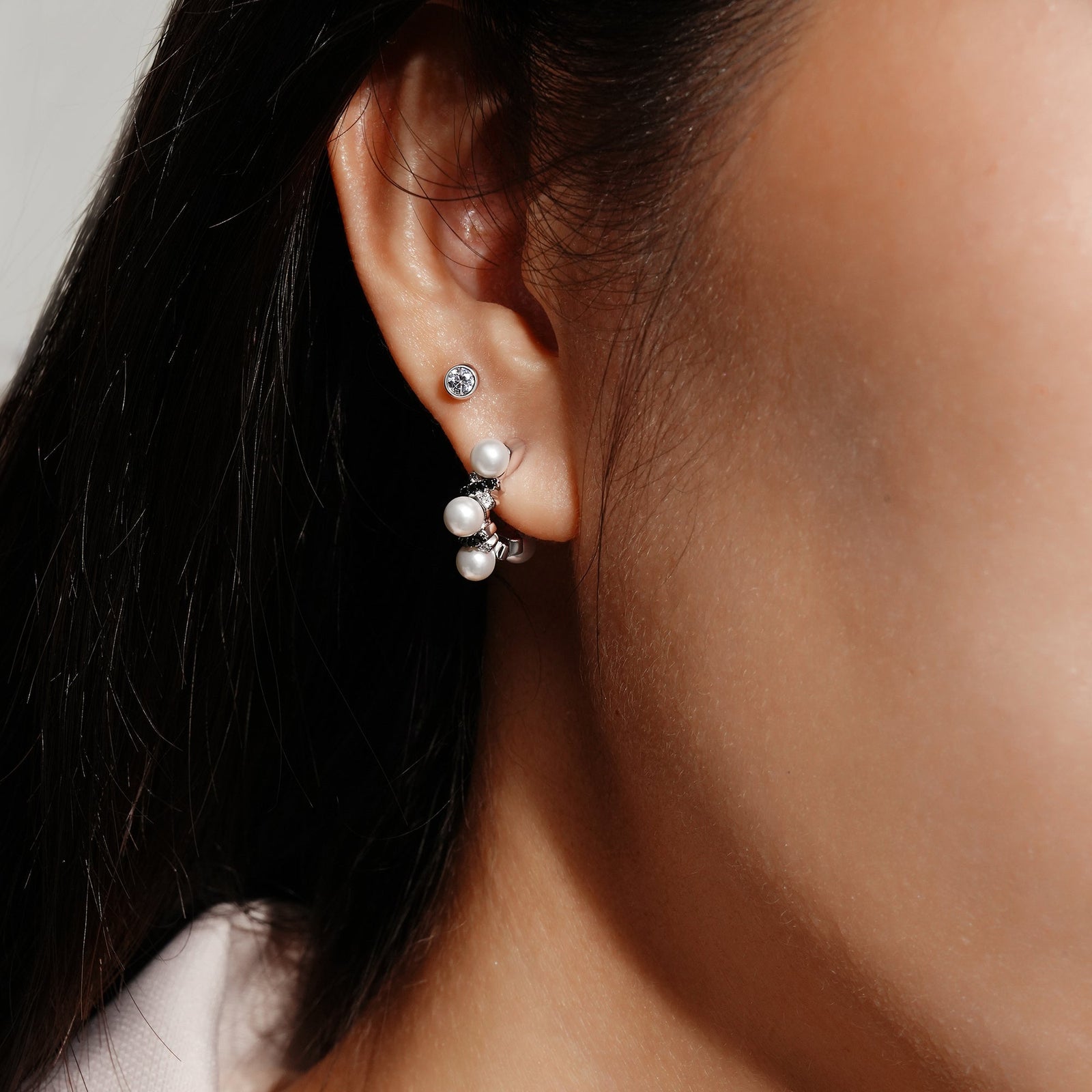 Two-Tone Sparkling Braided Shell Pearl Huggie Hoop Earrings