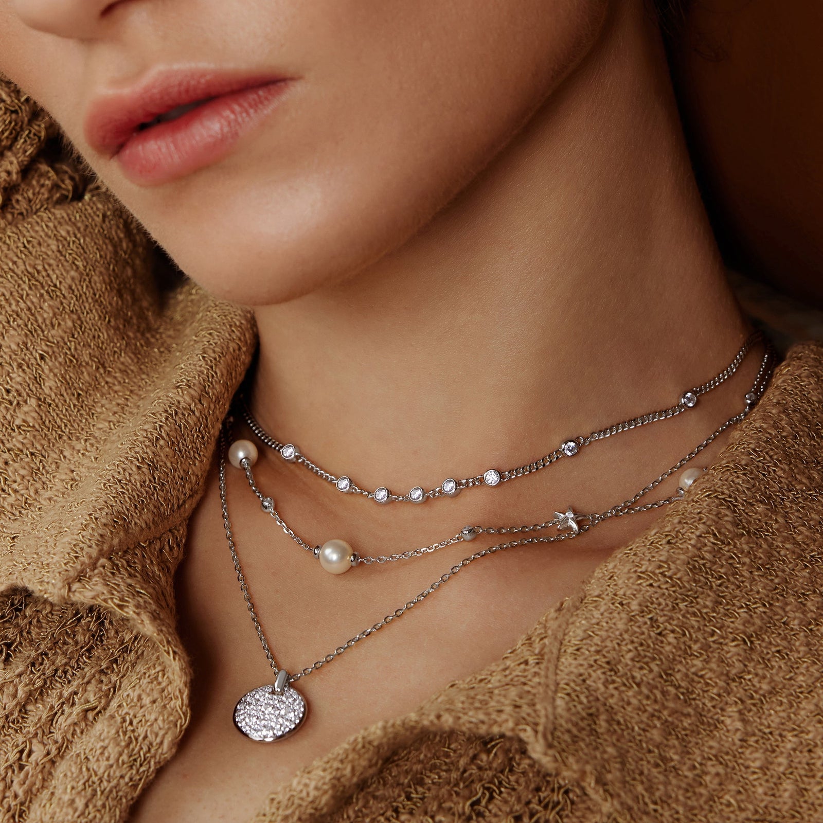 Silver Multi Station Round Stone Chain Necklace