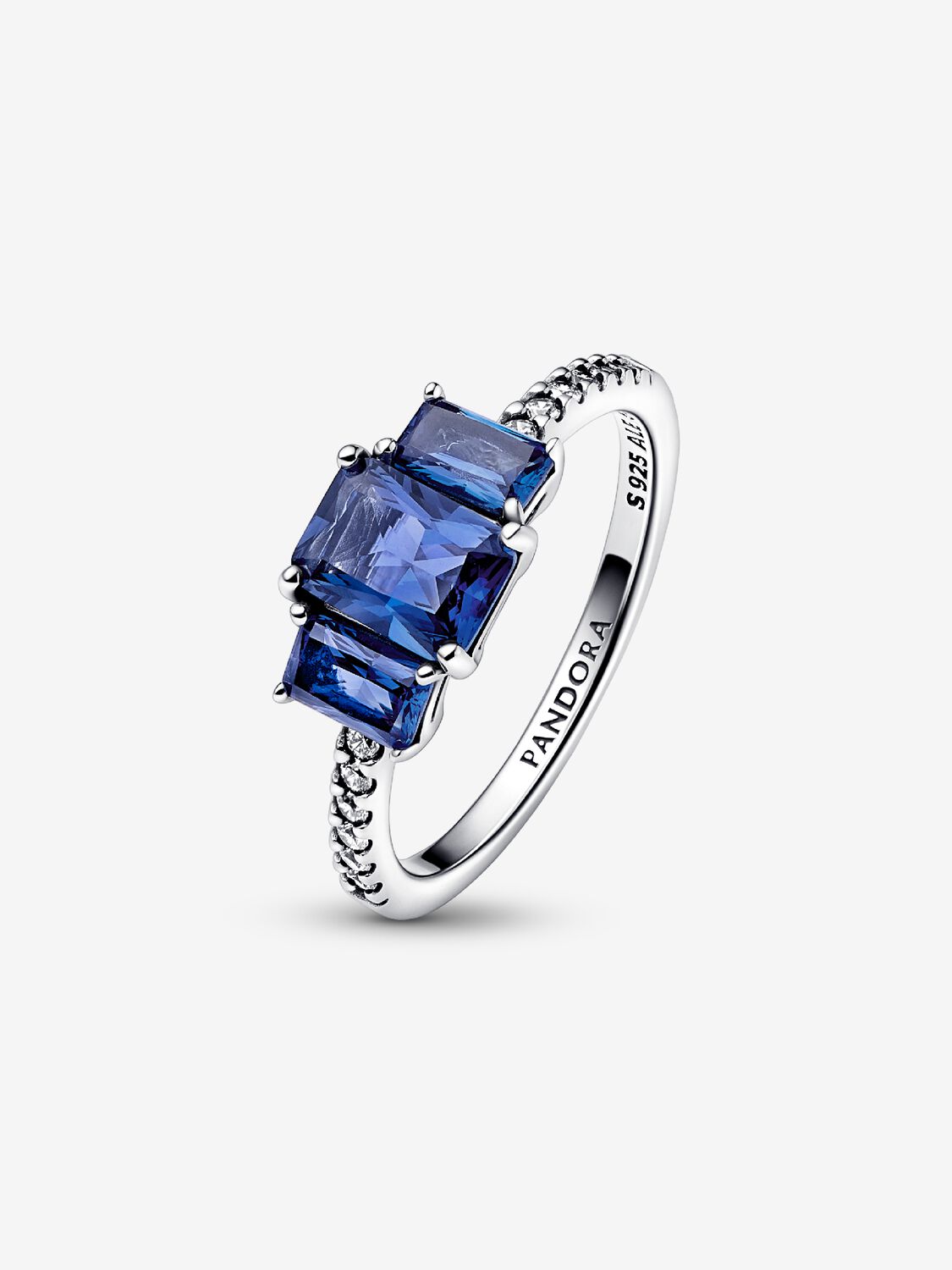 Sterling silver ring with princess blue crystal and clear cubic zirconia