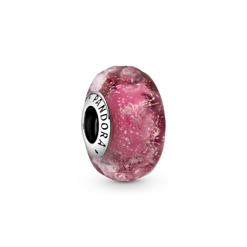 Wavy Pink Murano Silver Charm w Pink Murano Glass