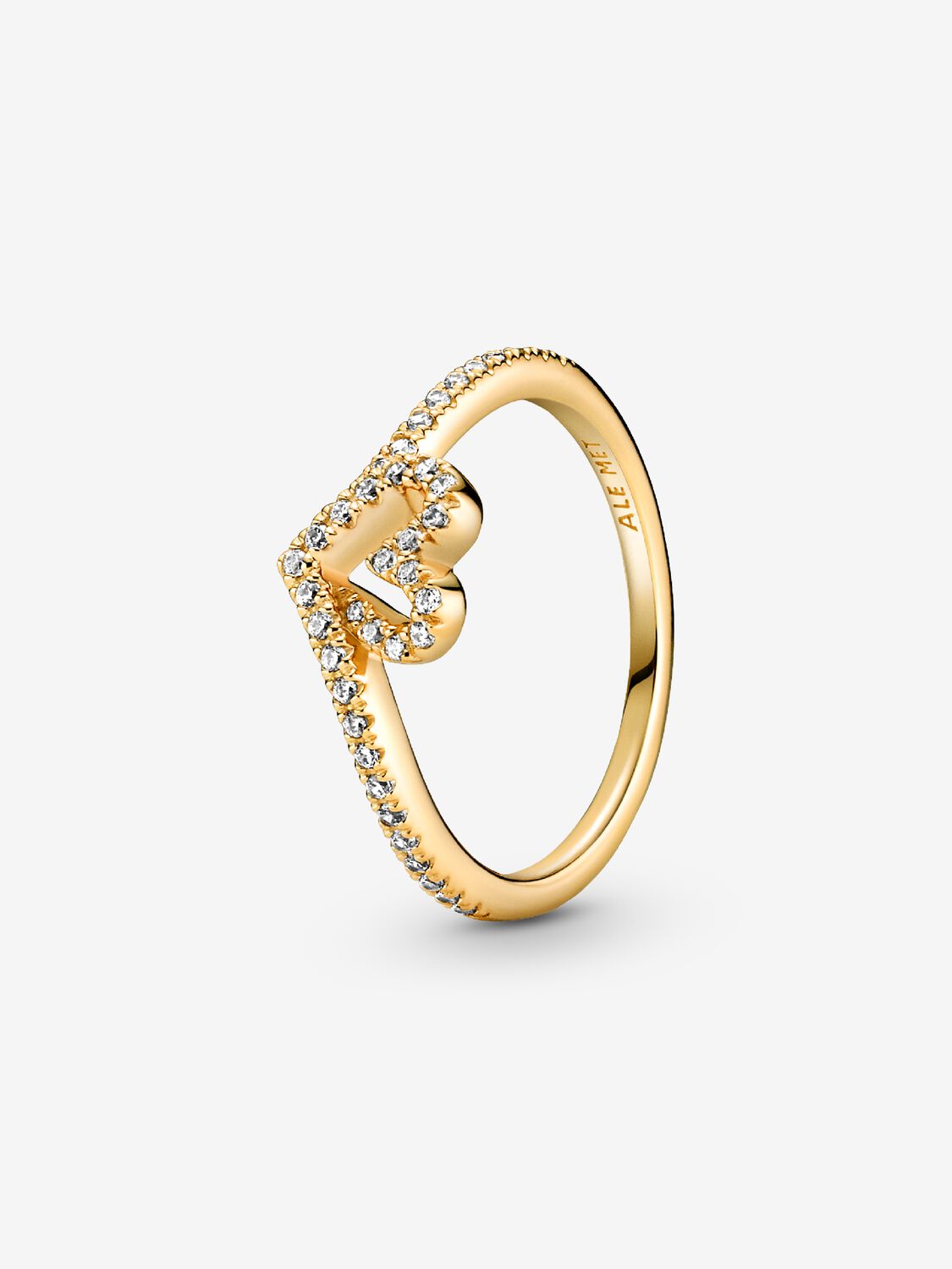 Heart and wishbone 14k gold-plated ring with clear cubic zirconia