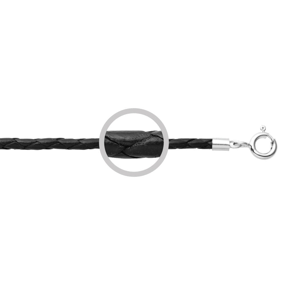 Black Leather 3mm Plaited Neck with Sterling Silver Clasp