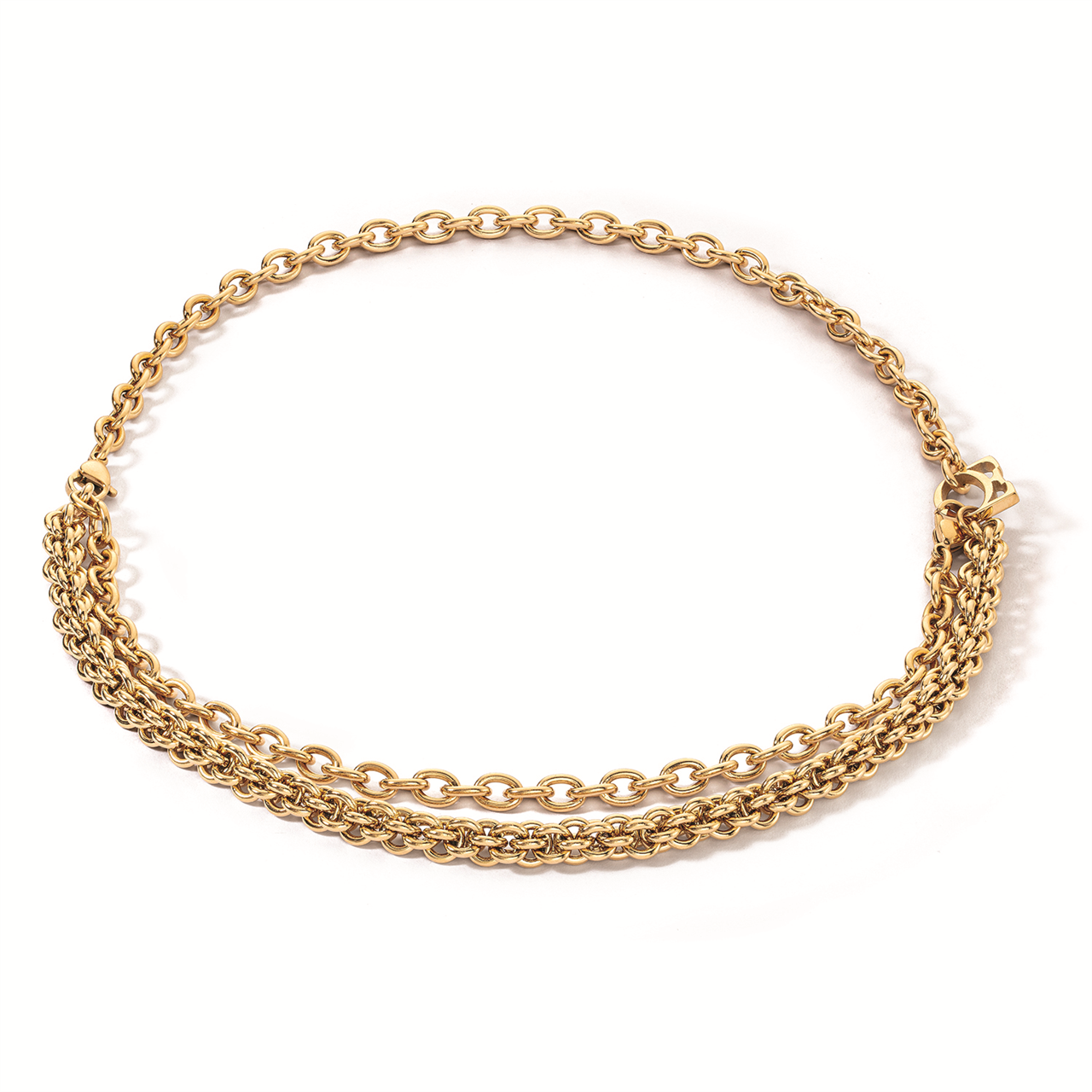 Necklace, Stainless steel gold plated variegated chain style multiwear necklace. Wear layered short or long.