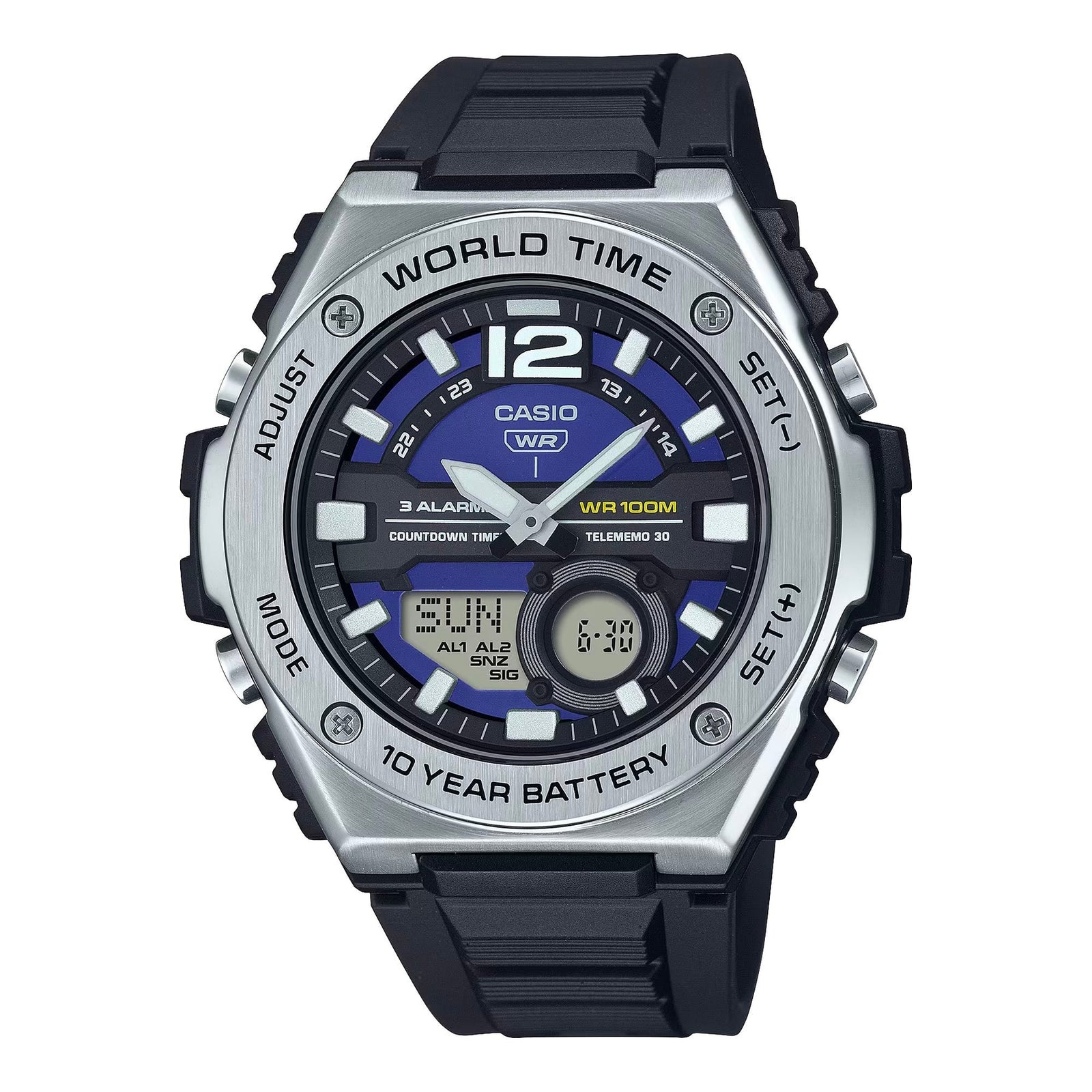 Casio Gents Duo Motif Combi Telememo, Blue Face Silver Case