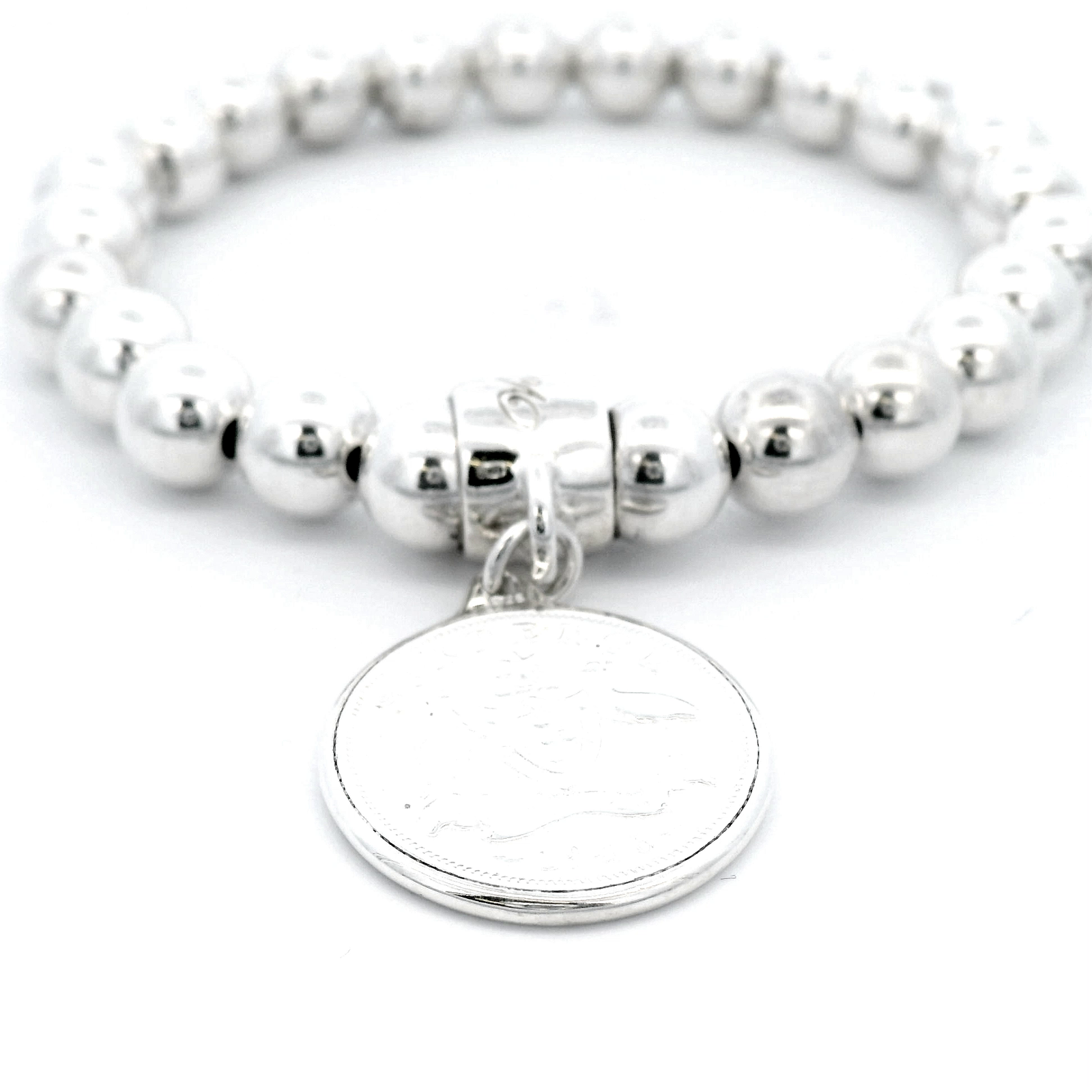 Von Treskow Silver Ball Stretchy Bracelet with Six Pence 1951 Coin