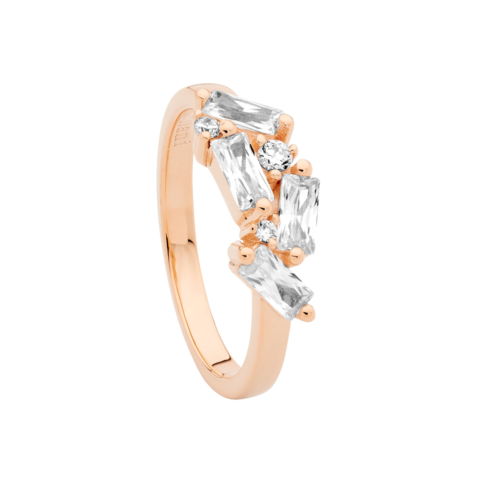 Ellani Baguette and Round CZ Ring in Sterling Silver Rose Gold Plated