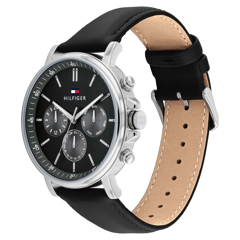 Tommy Hilfiger Black Leather Dark Grey Dial Multi-function Men's Watch
