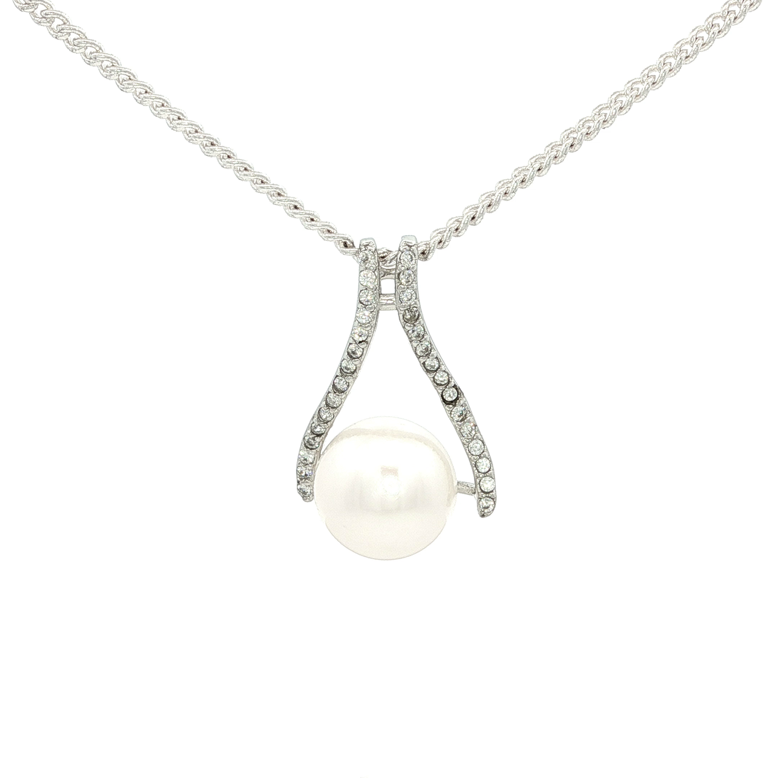 White Freshwater Pearl Wishbone Pendant Encrusted with Cubic Zirconias