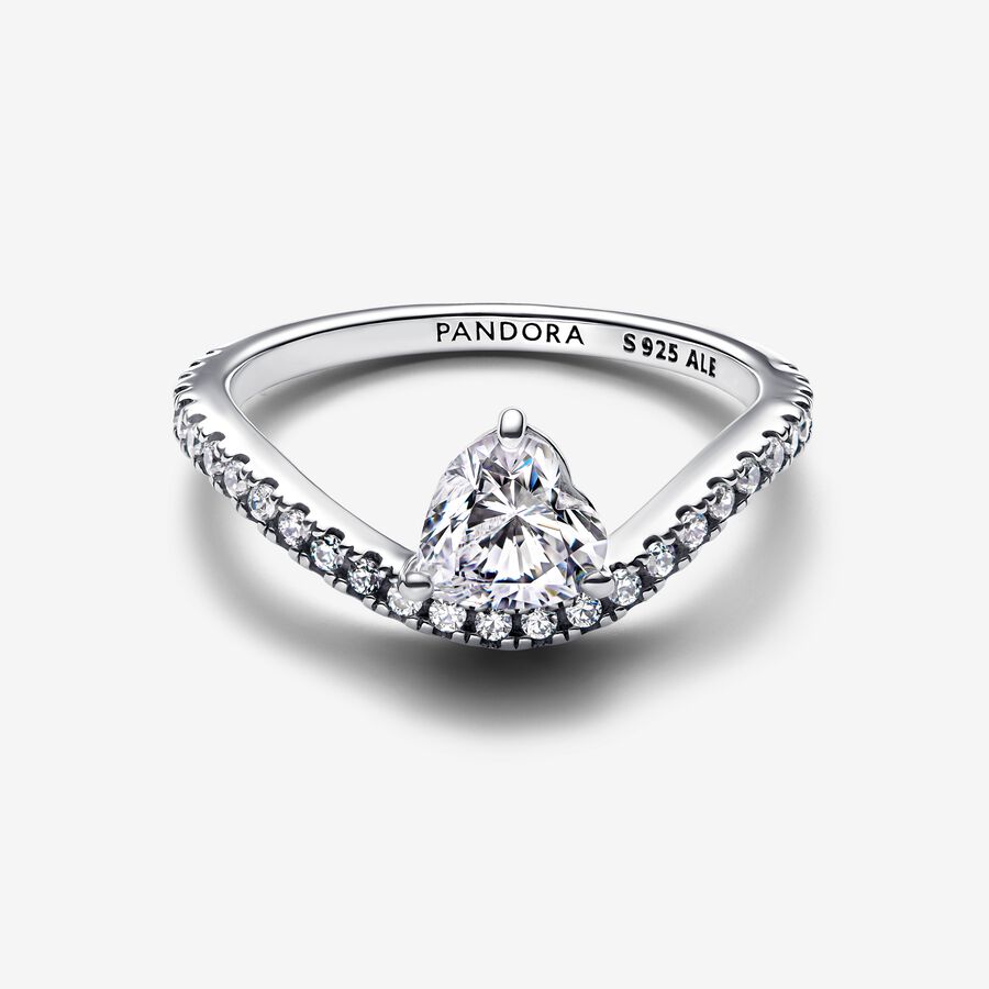 Wave heart sterling silver ring with clear cubic zirconia