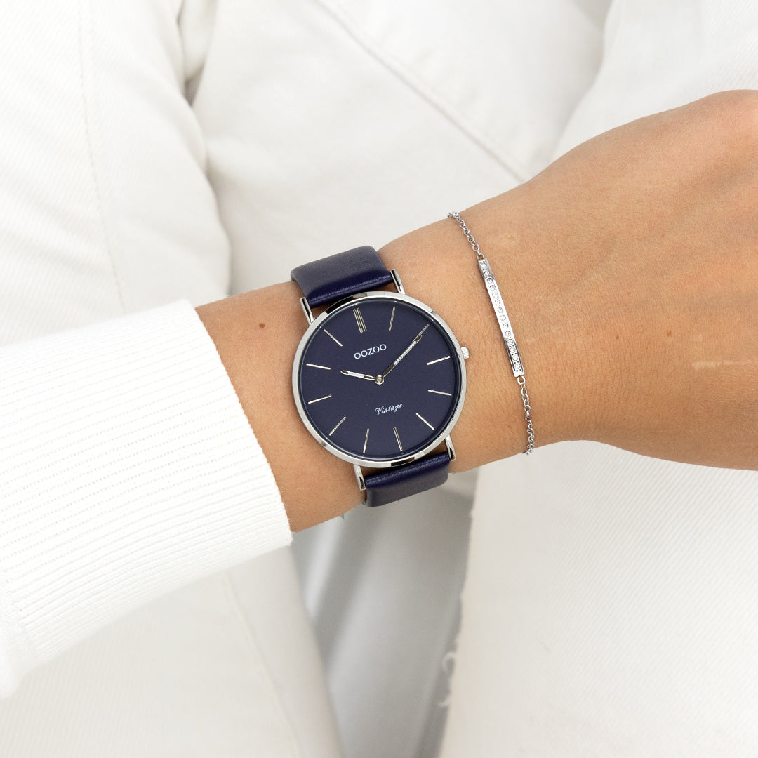 OOZOO Vintage Silver Watch with Dark-Blue Leather Strap