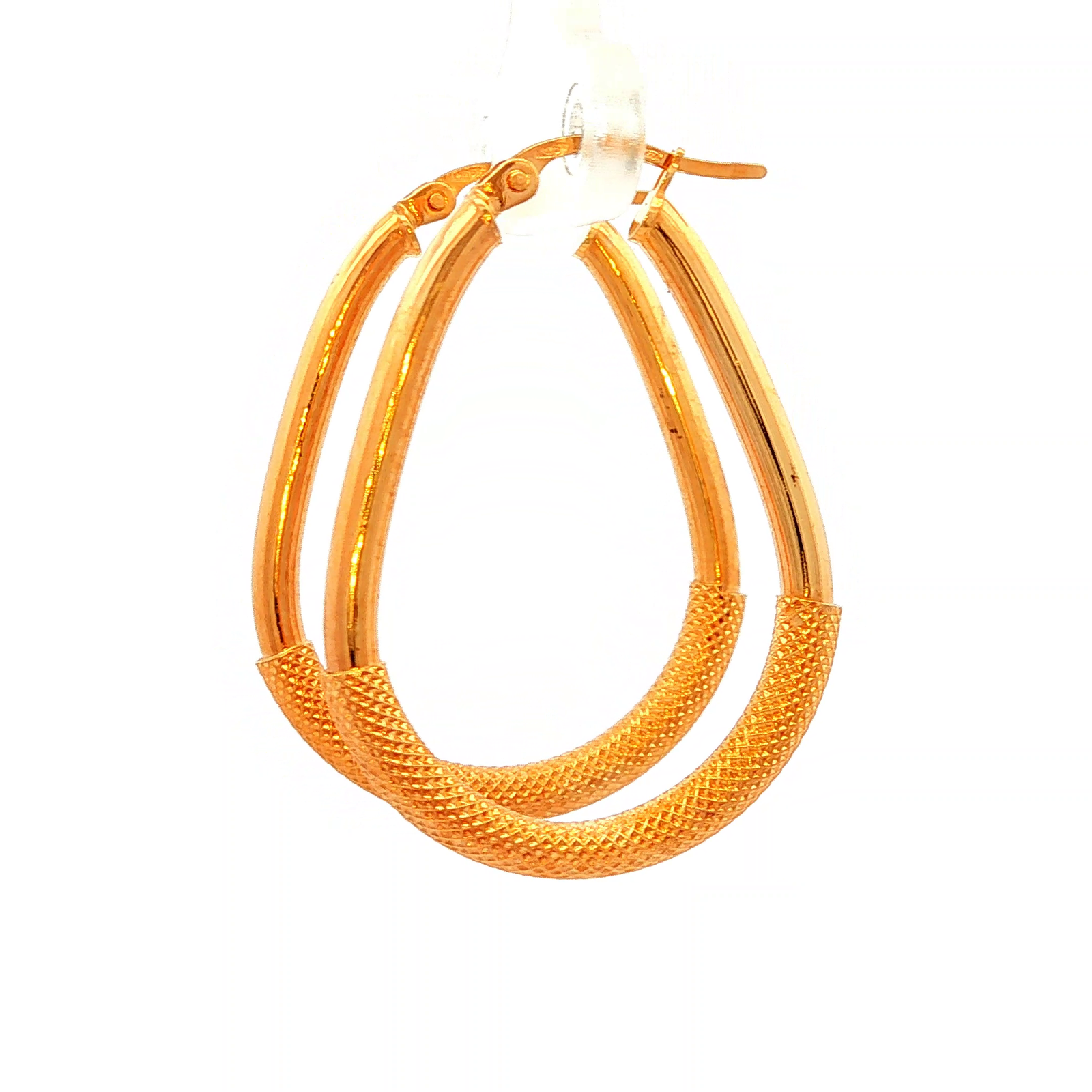 Tear Drop Hoop Earrings with Mesh Etching in Yellow Gold