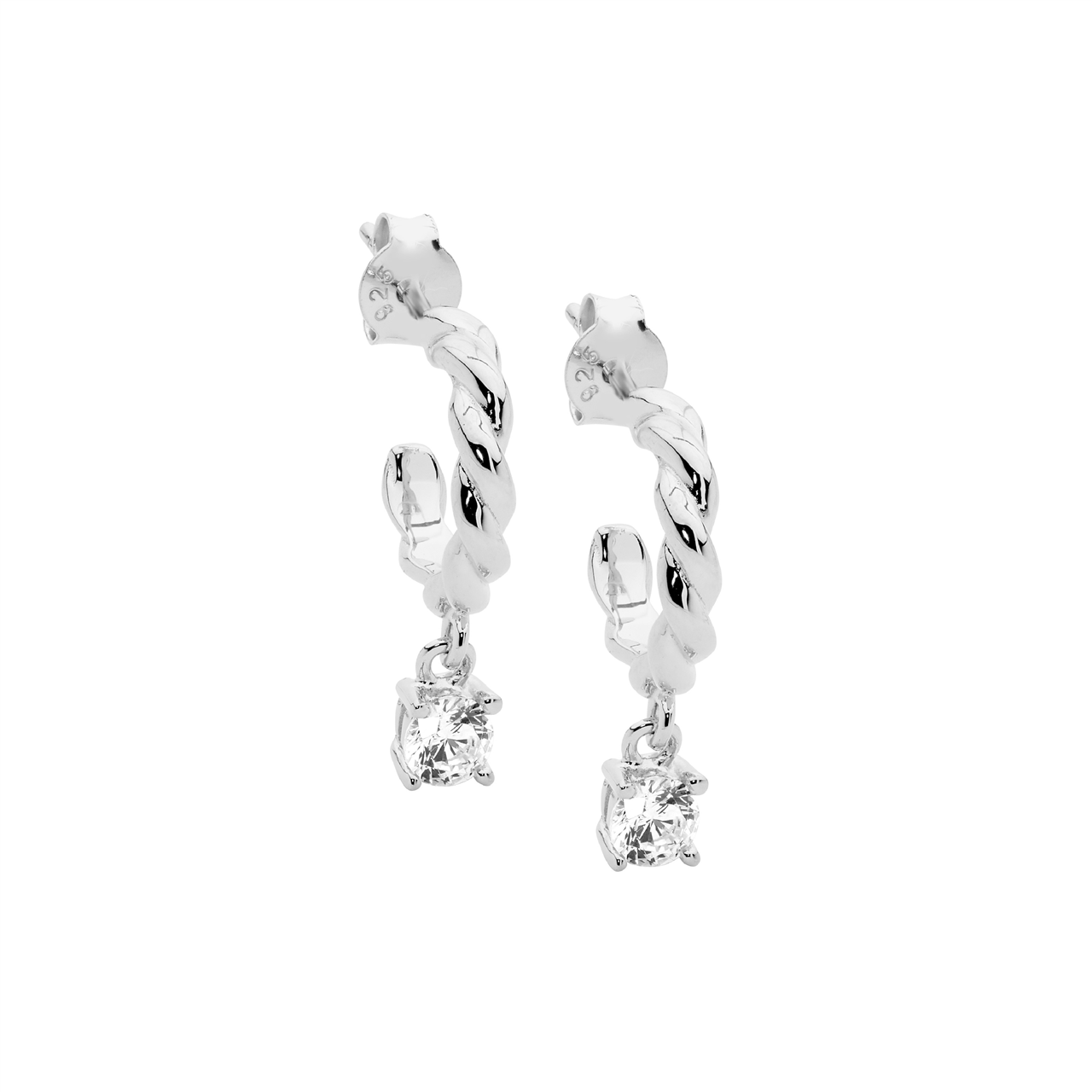 Ellani Sterling Silver Hoop Earrings with Cubic Zirconia Drop
