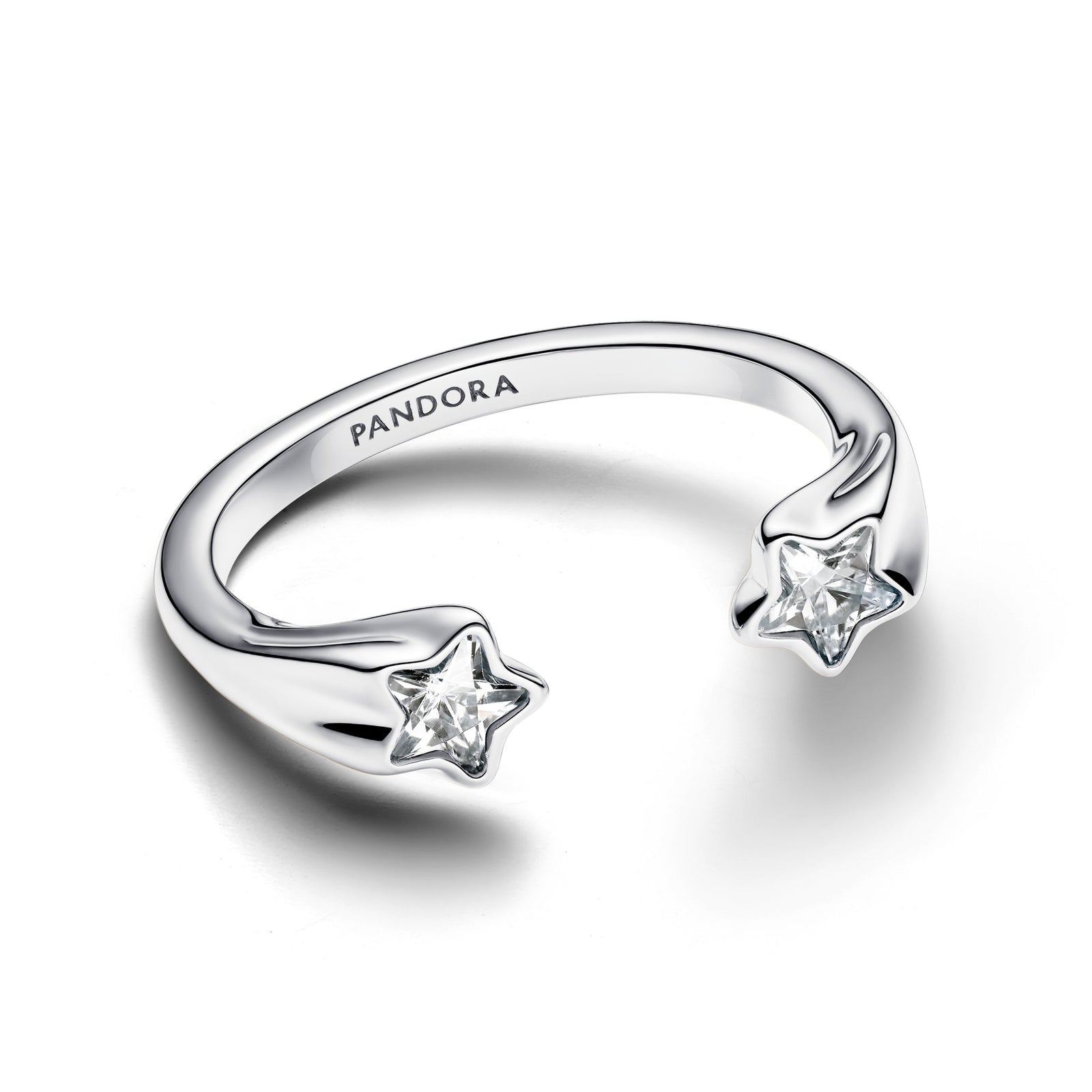 Shooting star sterling silver open ring with clear cubic zirconia
