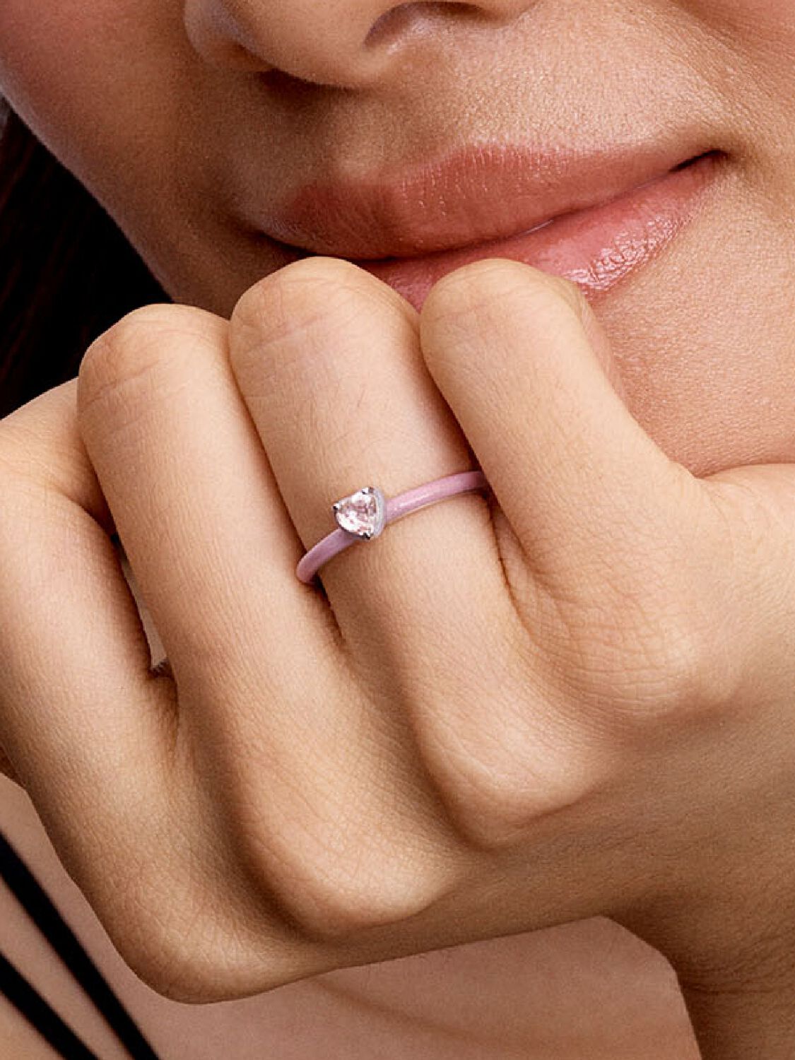 Heart sterling silver ring with orchid pink crystal and glittery pink enamel