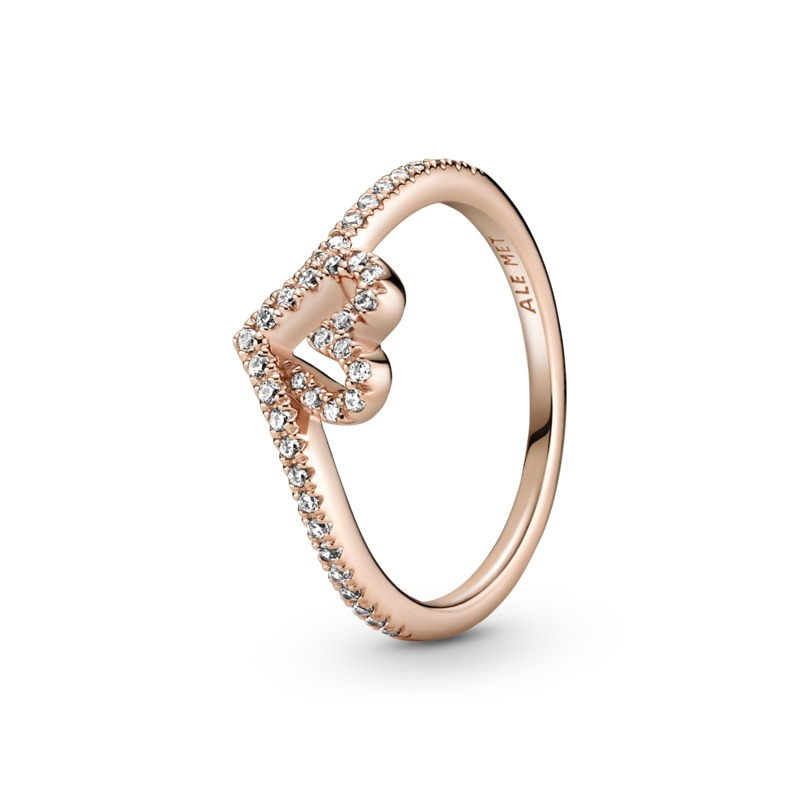 Heart and wishbone 14k gold-plated ring with clear cubic zirconia