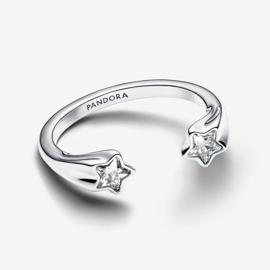 Shooting star sterling silver open ring with clear cubic zirconia