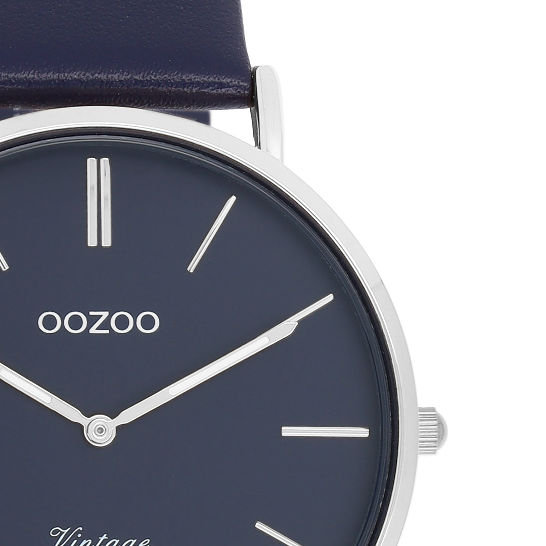 OOZOO Vintage Silver Watch with Dark-Blue Leather Strap