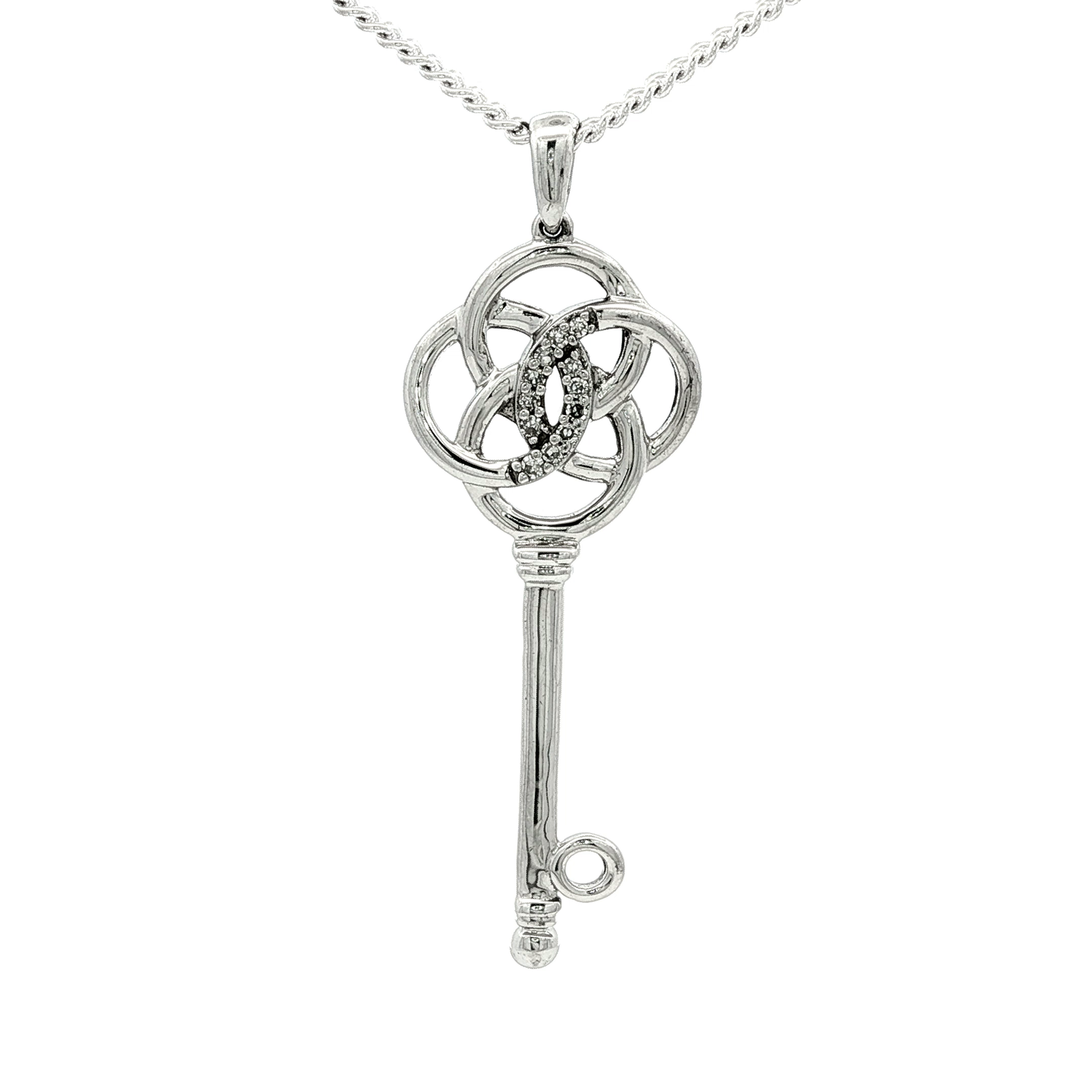 White Gold Plated Silver Key Pendant Necklace with Round Cut Diamonds