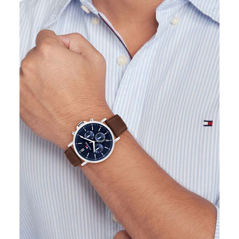 Tommy Hilfiger Brown Leather Navy Dial Multi-function Men's Watch