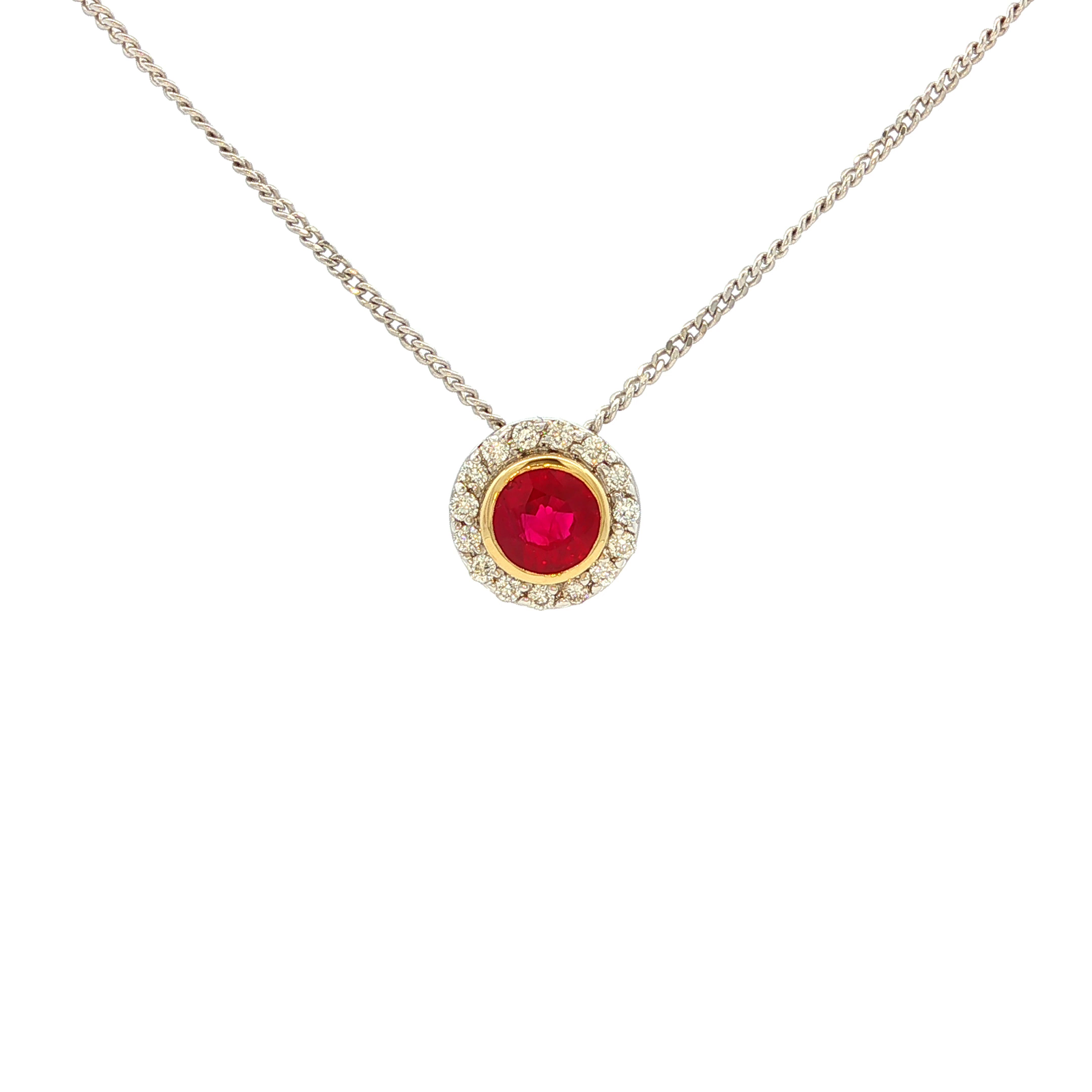 Ruby and Diamond Halo Pendant in White Gold