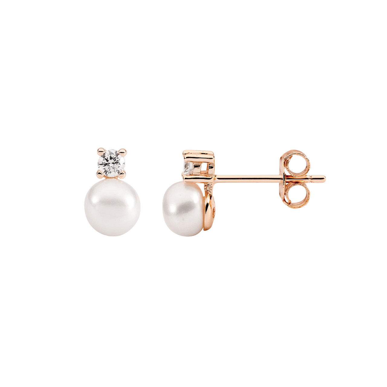 SS 2.5mm claw set wh cz, 5mm freshwater pearl earrings