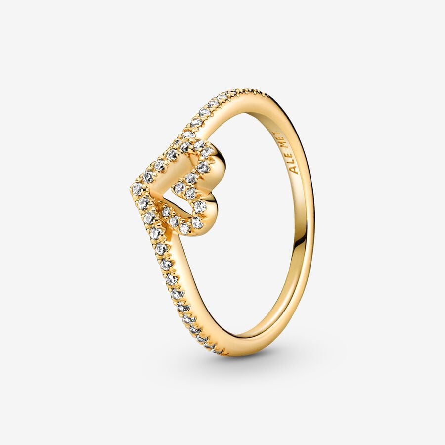 Heart and wishbone 14k gold-plated ring with clear cubic zirconia