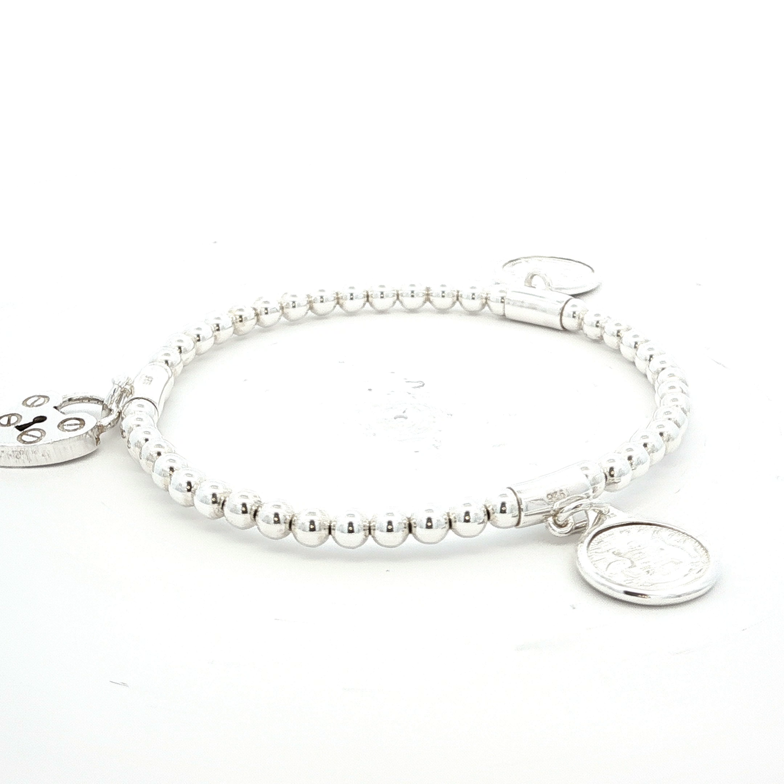 Sterling Silver Stretchy Ball Bracelet with Triple Tiny Tokens