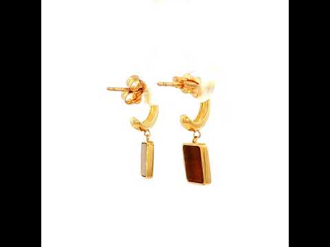 Square Drop Tiger Eye Earring in Yellow Gold