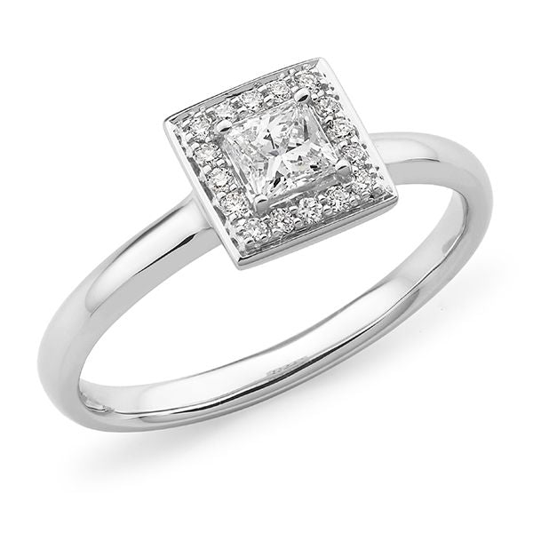 18ct White Gold Diamond Claw Bead Set Halo Engagement Ring