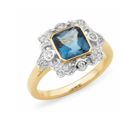 9 Carat Yellow Gold Diamond and London Blue Topaz Ring