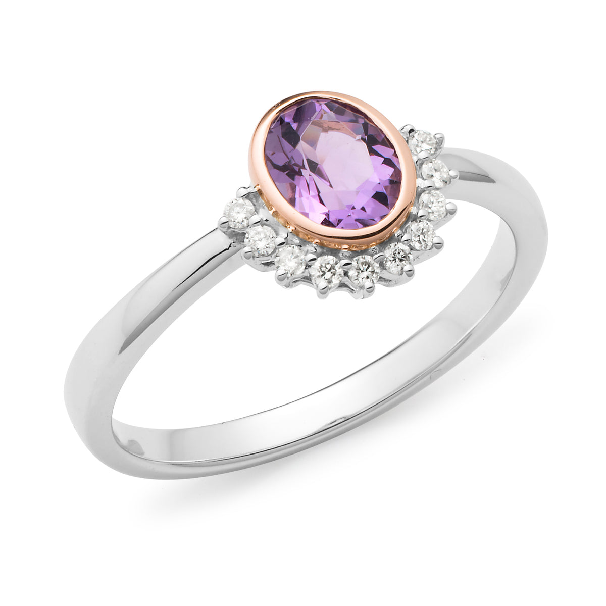 Pink Amethyst &amp; Diamond Bezel/Claw Dress Ring in 9 Carat White &amp; Rose Gold