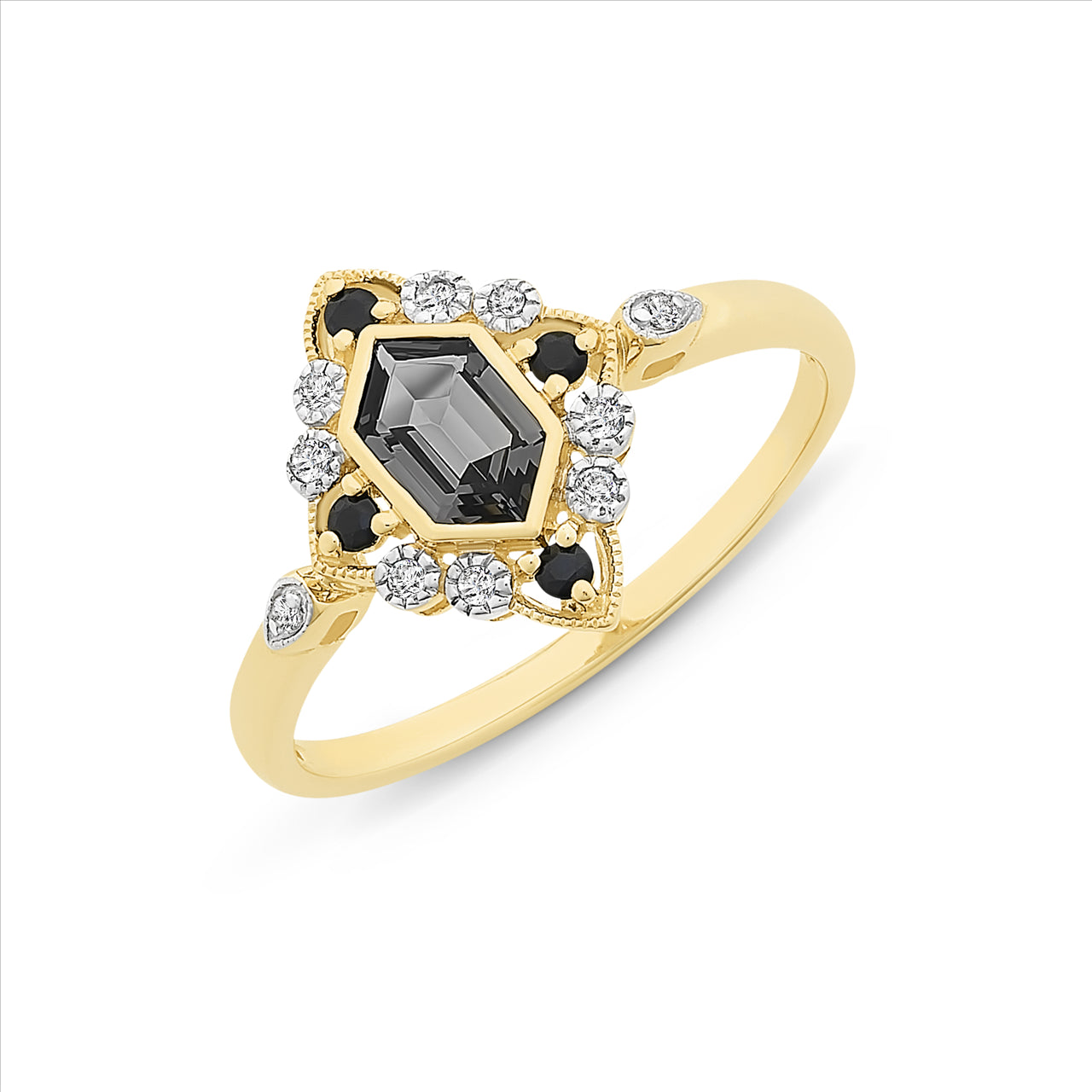 9ct Yellow Gold Diamond with Natural Sapphire & Created Nano Ring
