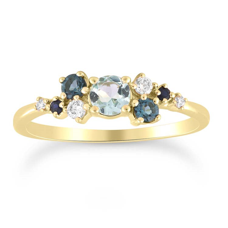 Aquamarine, Ceylon Sapphire and Diamond Set Ring in 9 Carat Yellow Gold