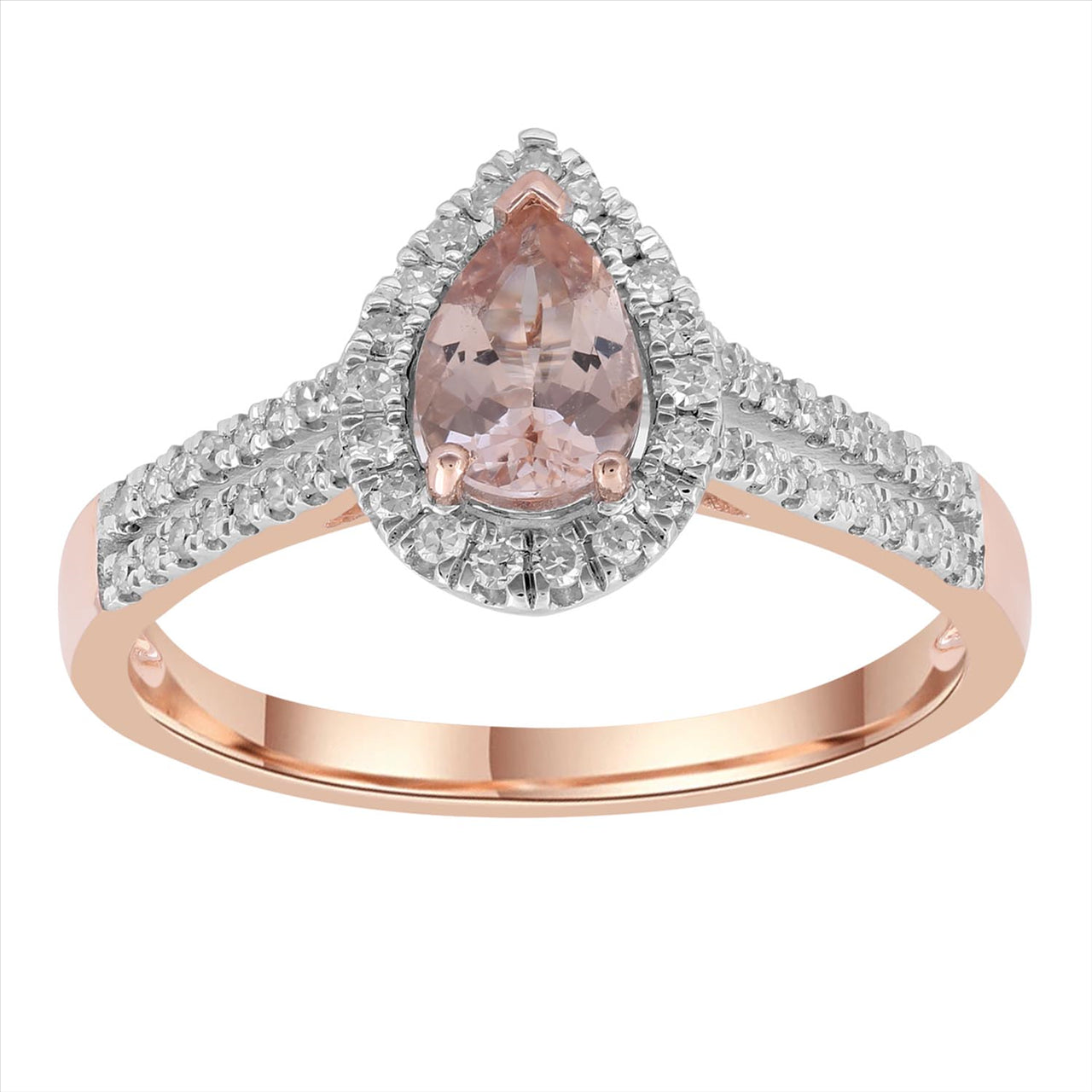 Morganite 9ct Rose Gold Pear Ring with 0.25ct Diamonds