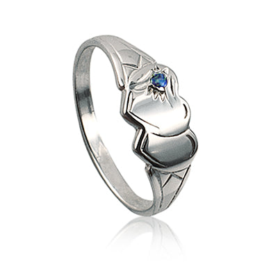 Double Heart Signet Ring in 9 Carat Yellow Gold with Blue Spinnel Stone