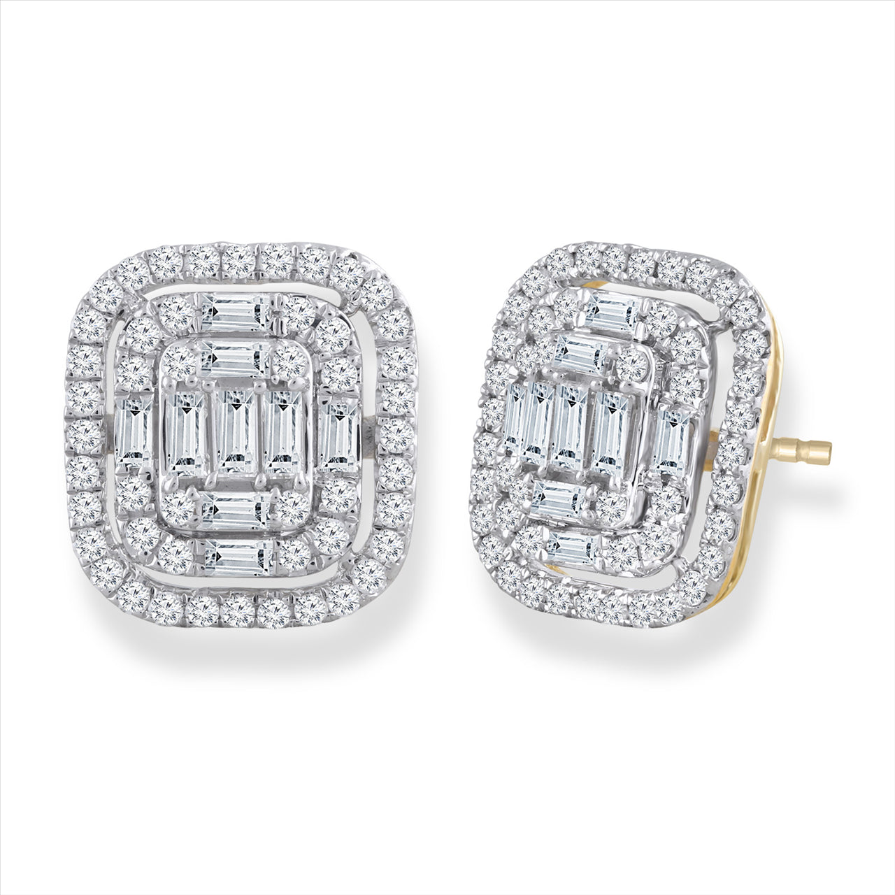 1ct White Gold Round And Baguette Diamond Stud Earrings