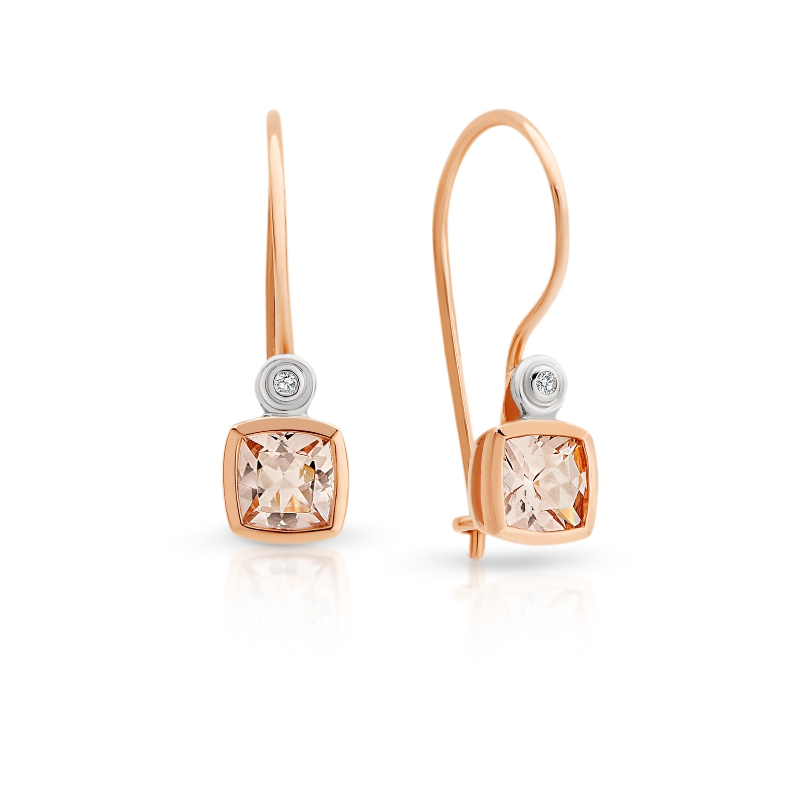 9ct Rose Gold Cushion Set Morganite and Diamond Earrings