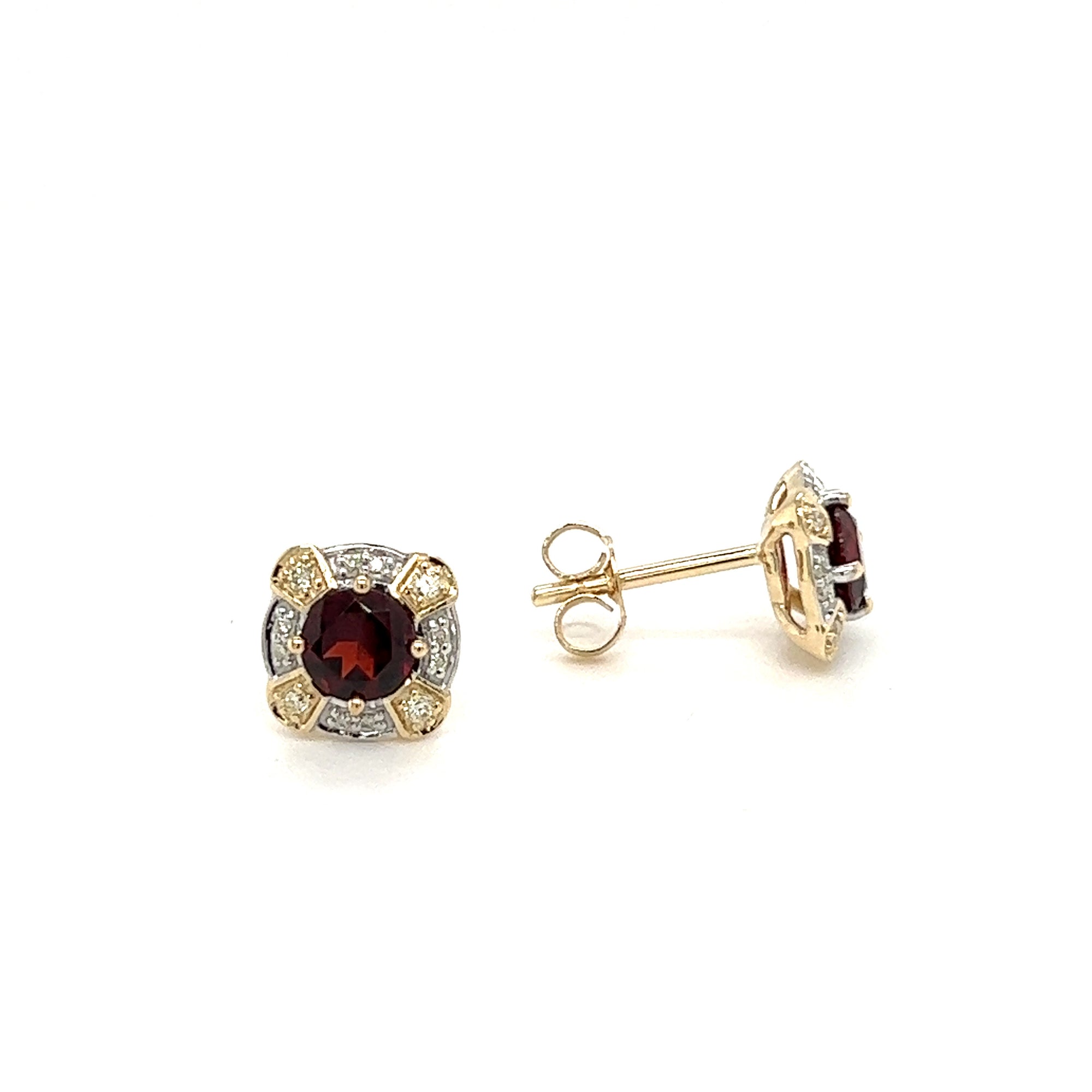 9 Carat Yellow Gold Diamond and Garnet Stud Earrings