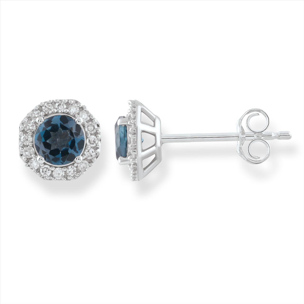 Round BlueTopaz Gemstone and Diamond Set Stud Earring