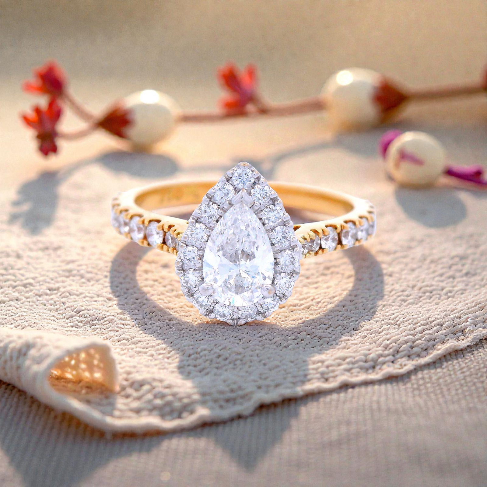 Halo Set Pear Engagement Ring Set in Yellow Gold
